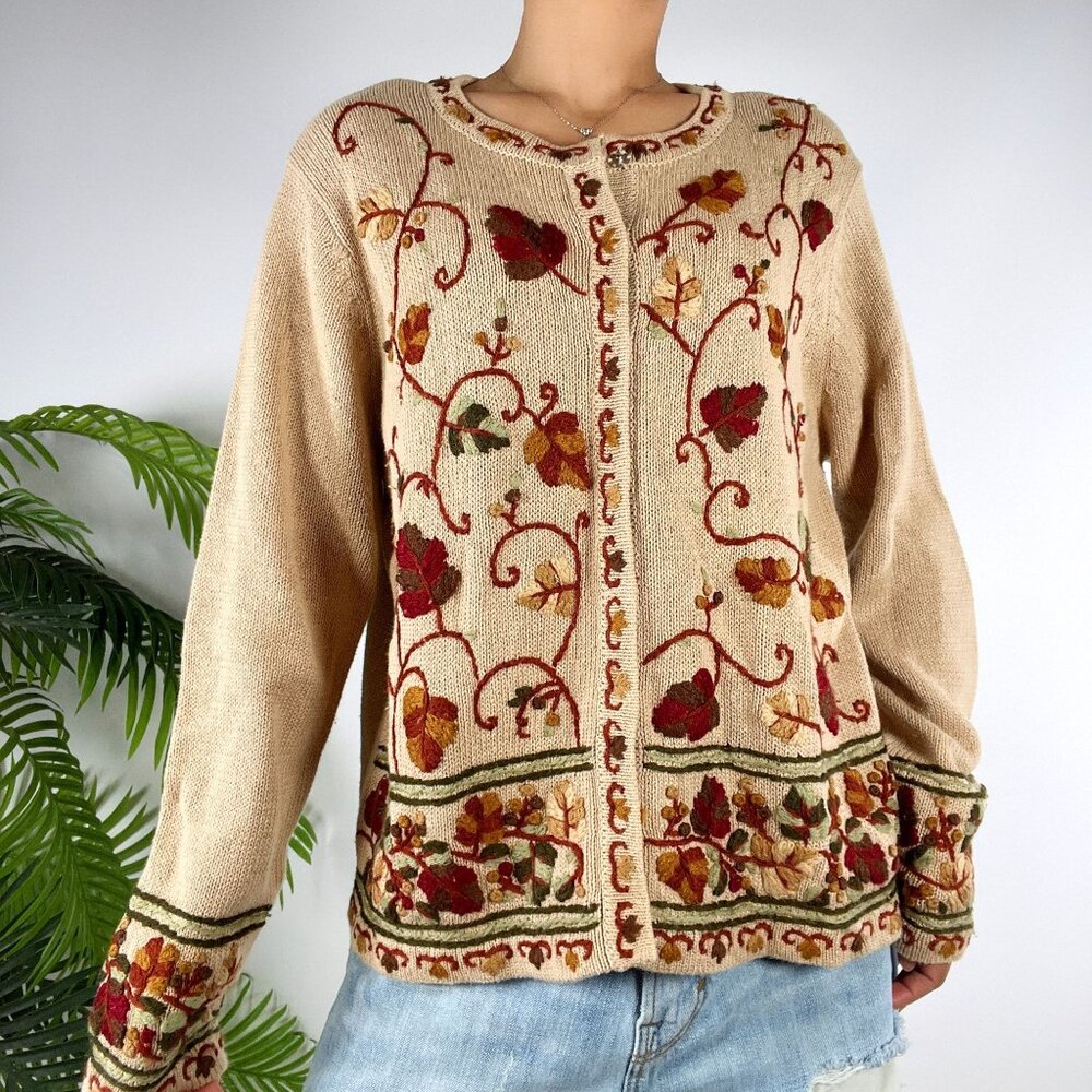 Vintage 90s Carolina Colours Beige Embroidered Floral Knit Cardigan Sweater / M